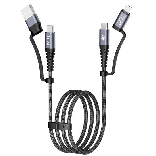 boAt FlexiCharge 400 Charging Cable w/ 4-in-1 Connectivity- USB-A, Type-C, & Lightning Ports, 60W/3A PD Fast Charging,480Mbps Data Sync,2 Swappable Heads,Silicon Cable Tie(Carbon Black) boAt FlexiCharge 400 Charging Cable w/ 4-in-1 Connectivity- USB-A, Type-C, & Lightning Ports, 60W/3A PD Fast Charging,480Mbps Data Sync,2 Swappable Heads,Silicon Cable Tie(Carbon Black)