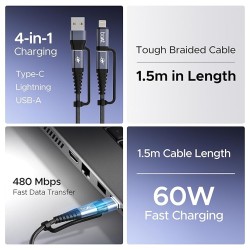 boAt FlexiCharge 400 Charging Cable w/ 4-in-1 Connectivity- USB-A, Type-C, & Lightning Ports, 60W/3A PD Fast Charging,480Mbps Data Sync,2 Swappable Heads,Silicon Cable Tie(Carbon Black)