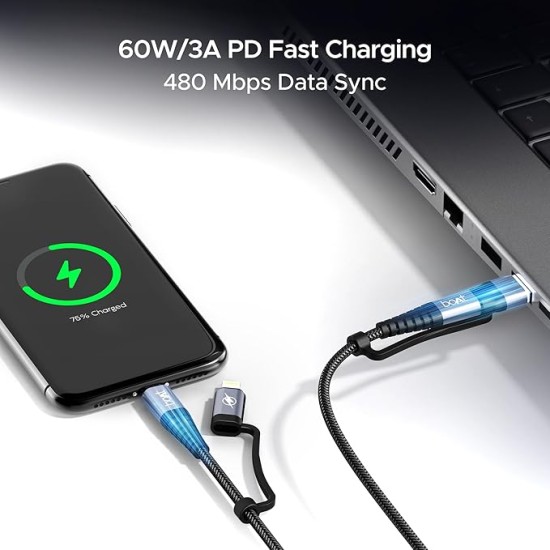 boAt FlexiCharge 400 Charging Cable w/ 4-in-1 Connectivity- USB-A, Type-C, & Lightning Ports, 60W/3A PD Fast Charging,480Mbps Data Sync,2 Swappable Heads,Silicon Cable Tie(Carbon Black) boAt FlexiCharge 400 Charging Cable w/ 4-in-1 Connectivity- USB-A, Type-C, & Lightning Ports, 60W/3A PD Fast Charging,480Mbps Data Sync,2 Swappable Heads,Silicon Cable Tie(Carbon Black)