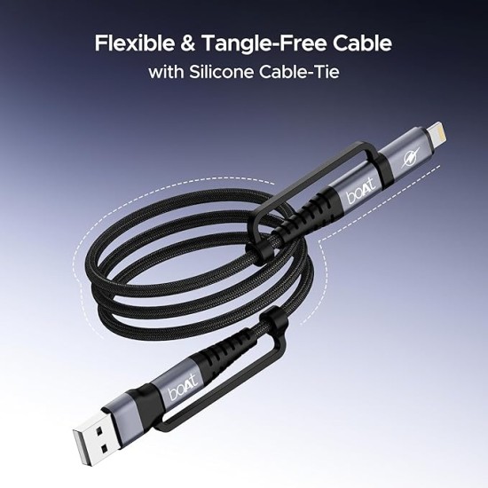 boAt FlexiCharge 400 Charging Cable w/ 4-in-1 Connectivity- USB-A, Type-C, & Lightning Ports, 60W/3A PD Fast Charging,480Mbps Data Sync,2 Swappable Heads,Silicon Cable Tie(Carbon Black) boAt FlexiCharge 400 Charging Cable w/ 4-in-1 Connectivity- USB-A, Type-C, & Lightning Ports, 60W/3A PD Fast Charging,480Mbps Data Sync,2 Swappable Heads,Silicon Cable Tie(Carbon Black)