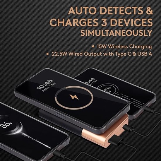 Duracell Magnetic Wireless Power Bank 10000 mAh, Magsafe Compatible, Fast Charging, Compact, 15W Wireless Charging, 22.5W USB A/Type C Output, for iPhone, Smartphones, USB & Qi Enabled Devices, Black