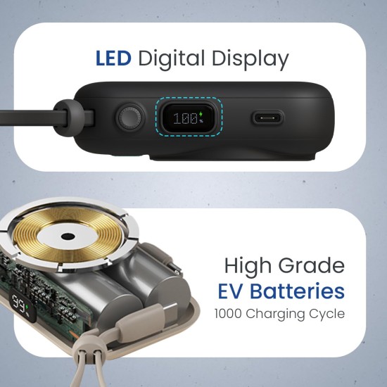 Portronics Power Shutter 10000mAh 15W Magnetic Wireless Fast Charging Powerbank with in-Built Type C & 8 Pin Cable, 22.5W Type C PD Output, Type C Bidirectional Port, LED Display (Black)