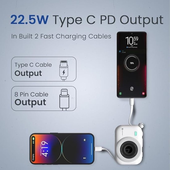 Portronics Power Shutter 10000mAh 15W Magnetic Wireless Fast Charging Powerbank with in-Built Type C & 8 Pin Cable, 22.5W Type C PD Output, Type C Bidirectional Port, LED Display (White)