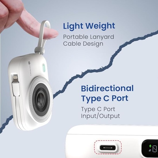 Portronics Power Shutter 10000mAh 15W Magnetic Wireless Fast Charging Powerbank with in-Built Type C & 8 Pin Cable, 22.5W Type C PD Output, Type C Bidirectional Port, LED Display (White)