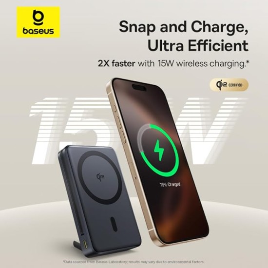 Baseus Nomos Qi2 10000mAh 45W Magnetic Wireless Power Bank – Built-in USB-C Cable, Kickstand Design, PD Fast Charging – Cosmic Black