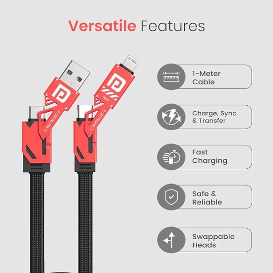 Portronics Procharge 4 60W 4-In-1 Multifunctional Fast Charging Cable With Multiple Port & Metal Zinc Alloy Head, Tangle Free Flat Cable, Type C to Type C/Lightening, USB A, Fast Data Sync (Red+Black)