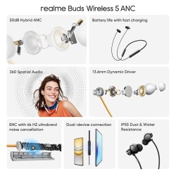 realme Buds Wireless 5 ANC in Ear Bluetooth Headphones,50dB ANC, 13.6mm Dynamic Bass Driver,360° Spatial Audio,45ms Low Latency,Upto 38hrs Playback,IP55 Rating,Dual Device Connection (Midnight Black) realme Buds Wireless 5 ANC in Ear Bluetooth Headphones,50dB ANC, 13.6mm Dynamic Bass Driver,360° Spatial Audio,45ms Low Latency,Upto 38hrs Playback,IP55 Rating,Dual Device Connection (Midnight Black)