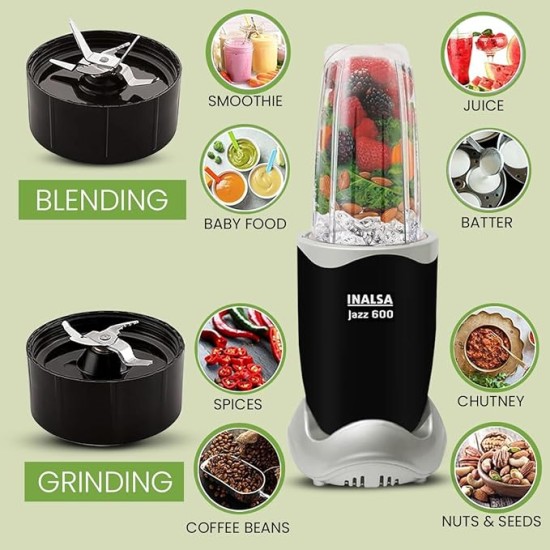 INALSA Blender Mixer Grinder|5 Jar & 600W Copper Motor| Blenders for Smoothies and Juices| Smoothie MakerBlender NutriBlender 3 Blades Including Froth Blade 2Yr Warranty,Jazz 600