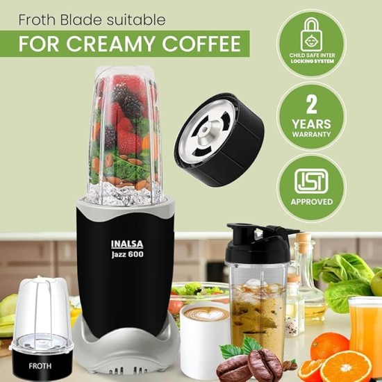 INALSA Blender Mixer Grinder|5 Jar & 600W Copper Motor| Blenders for Smoothies and Juices| Smoothie MakerBlender NutriBlender 3 Blades Including Froth Blade 2Yr Warranty,Jazz 600