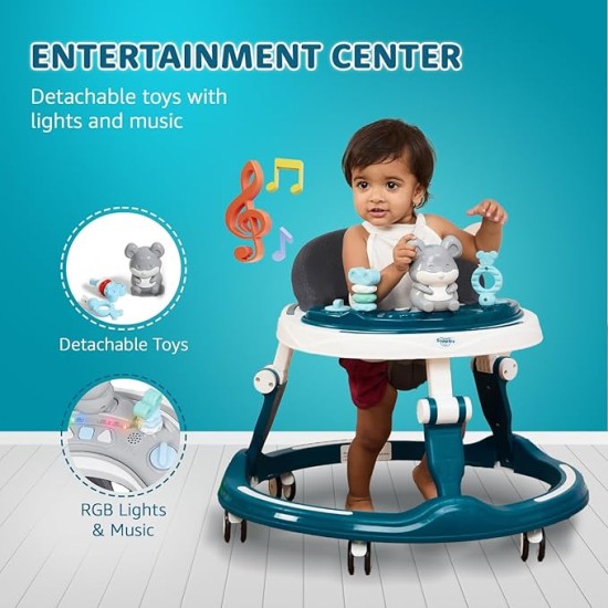 Amazon Brand - Supples Baby Walker (Musical) | Kids Walker with Toys | Baby Walkers for Boys & Girls 9+ Months | Adjustable Height Walker with RGB Lights | Sea Green & White