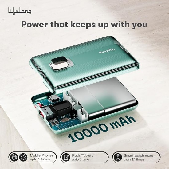 Lifelong Electronics 10000mAh Fast Charging Power Bank with Digital Display | Type C Input | 2 Output Ports | Quick Charge 3.0 | 22.5 W PD Powerbank | Cable Included (Teal Green)