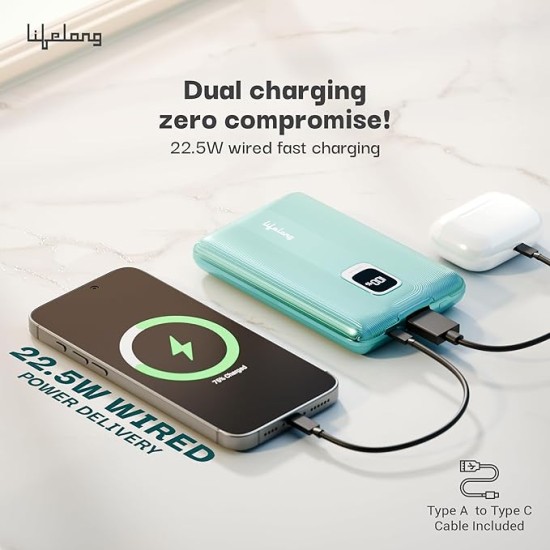 Lifelong Electronics 10000mAh Fast Charging Power Bank with Digital Display | Type C Input | 2 Output Ports | Quick Charge 3.0 | 22.5 W PD Powerbank | Cable Included (Teal Green)