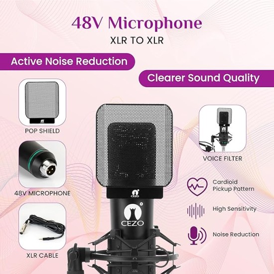 CEZO Professional Condenser Microphone with X3 Sound Card | Condeser Mic Set with Compact Microphone Pop Shield |Live Sound Card| Boom Arm Stand| Shock Mount for Recording Podcasting & Live Streaming