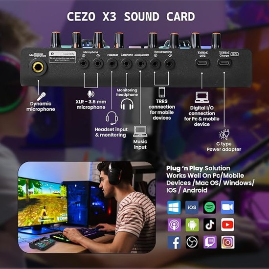 CEZO Professional Condenser Microphone with X3 Sound Card | Condeser Mic Set with Compact Microphone Pop Shield |Live Sound Card| Boom Arm Stand| Shock Mount for Recording Podcasting & Live Streaming