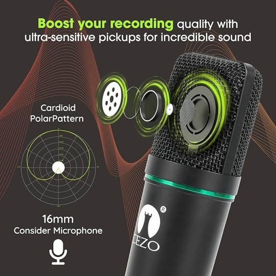 CEZO Professional Condenser Microphone with X3 Sound Card | Condeser Mic Set with Compact Microphone Pop Shield |Live Sound Card| Boom Arm Stand| Shock Mount for Recording Podcasting & Live Streaming