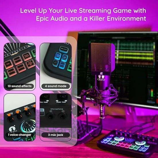 CEZO Professional Condenser Microphone with X3 Sound Card | Condeser Mic Set with Compact Microphone Pop Shield |Live Sound Card| Boom Arm Stand| Shock Mount for Recording Podcasting & Live Streaming