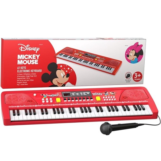 Lifelong Disney Mickey Electronic Piano Keyboard - 61-Key | Mic & One Side Speaker | 16 Tones, 10 Rhythms, 8 Percussions | Song Record, Finger Chord & Demo Modes | Microphone, USB Powered 