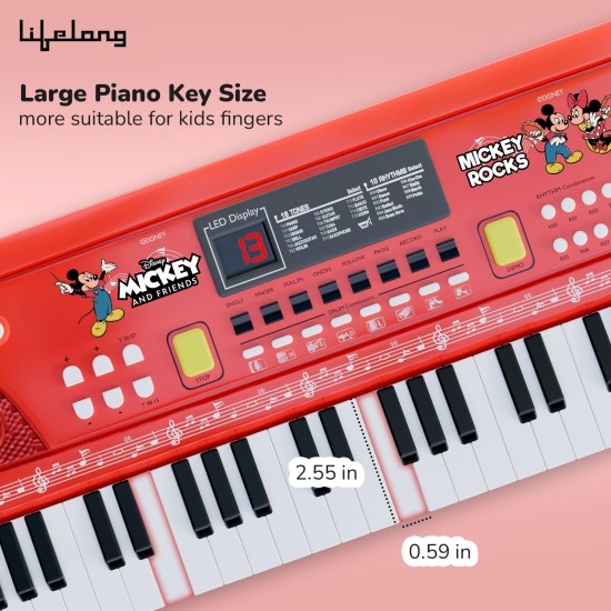 Lifelong Disney Mickey Electronic Piano Keyboard - 61-Key | Mic & One Side Speaker | 16 Tones, 10 Rhythms, 8 Percussions | Song Record, Finger Chord & Demo Modes | Microphone, USB Powered 