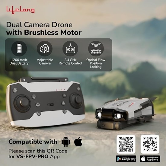 Lifelong Foldable Drone Toy for Kids | Dual VGA Camera |30 Mins Fly Time - 2 Batteries| 120° Wide Angle, 360° Flip, Altitude Hold |2X 1200mAh Batteries, App Control | Brushless Motor, 200-250ft Range