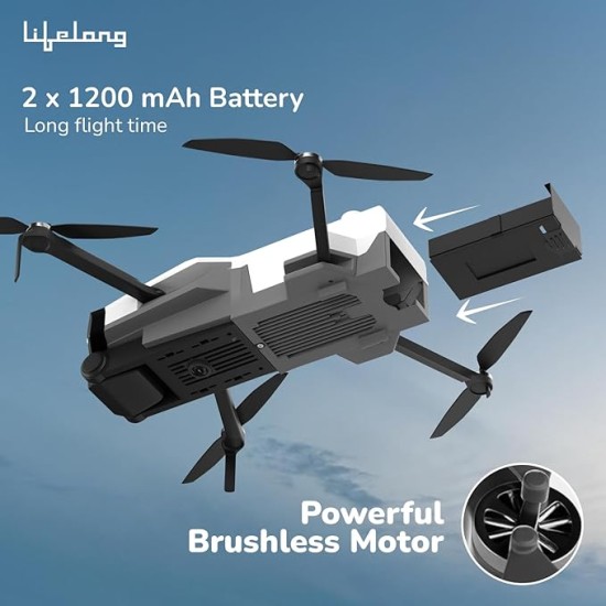 Lifelong Foldable Drone Toy for Kids | Dual VGA Camera |30 Mins Fly Time - 2 Batteries| 120° Wide Angle, 360° Flip, Altitude Hold |2X 1200mAh Batteries, App Control | Brushless Motor, 200-250ft Range