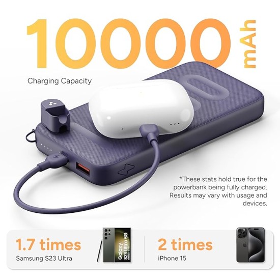 Ambrane 10000mAh Slim & Compact Powerbank with in-Build Type C Cable, 22.5W Fast Charging, USB & Type C Output, Power Delivery, Quick Charge for iPhone, Android & Tablets, Earbuds, (Stylo N10,Black)