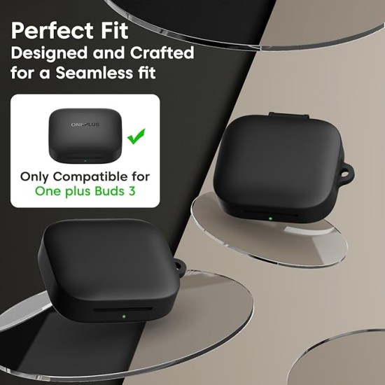 Sounce Premium Silicone Case Cover for OnePlus Buds 3 – 360° Full Protection, Shockproof, Anti-Scratch, Dust-Resistant with Carabiner – Black