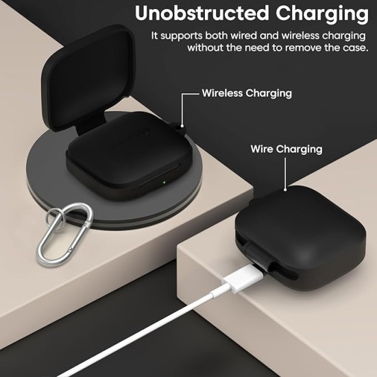 Sounce Premium Silicone Case Cover for OnePlus Buds 3 – 360° Full Protection, Shockproof, Anti-Scratch, Dust-Resistant with Carabiner – Black