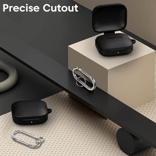 Sounce Premium Silicone Case Cover for OnePlus Buds 3 – 360° Full Protection, Shockproof, Anti-Scratch, Dust-Resistant with Carabiner – Black