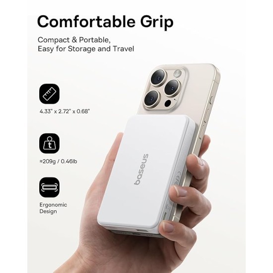 Baseus Airpow II Qi2 Magnetic Wireless Power Bank 10000mAh – 22.5W Fast Charging, MagSafe Compatible, Type-C Cable Included – Moon White