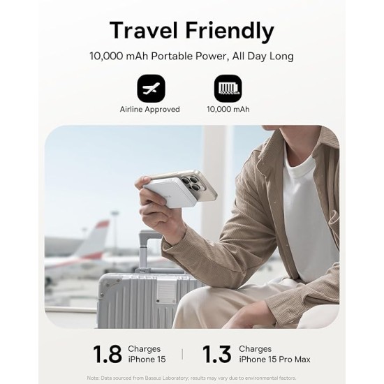 Baseus Airpow II Qi2 Magnetic Wireless Power Bank 10000mAh – 22.5W Fast Charging, MagSafe Compatible, Type-C Cable Included – Moon White