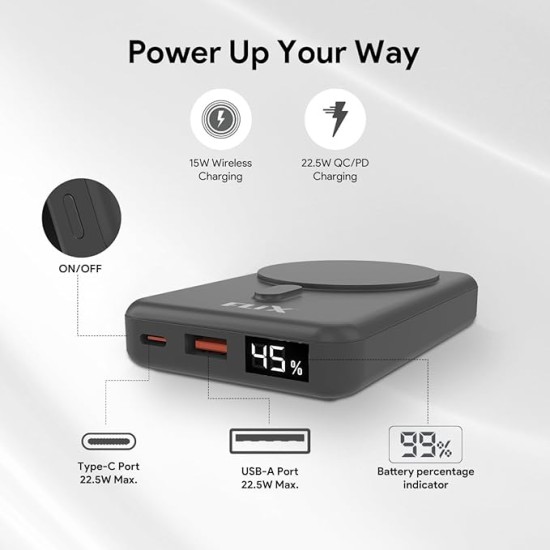 FLiX (Beetel) MagConnect Elite 10,000mAh 15W Magnetic Wireless Output,22.5W QC Pocket Power Delivery PPS,Type C & Type A Input/Output,Rapid Charge,LED Display,Perfect for iPhone 12,13,14(Black)