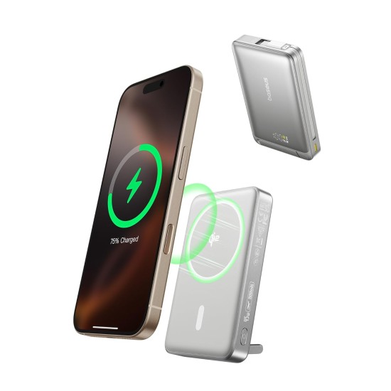 Baseus Nomos Qi2 10000mAh 45W Magnetic Wireless Power Bank – Built-in USB-C Cable, PD Fast Charging, Kickstand Design – Lunar Gray