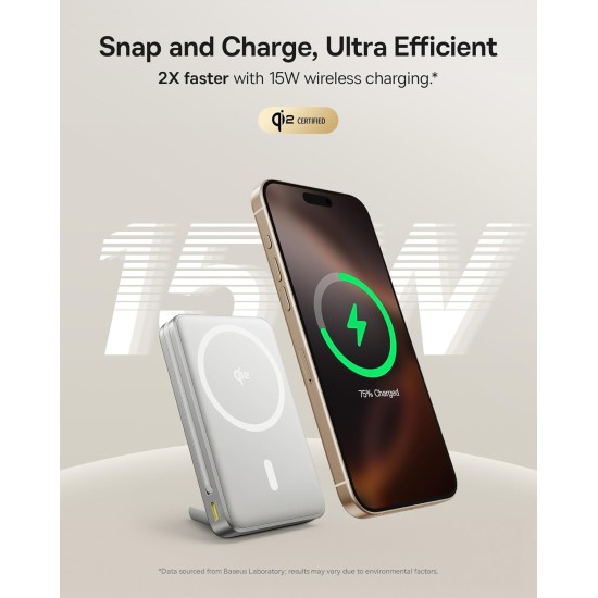 Baseus Nomos Qi2 10000mAh 45W Magnetic Wireless Power Bank – Built-in USB-C Cable, PD Fast Charging, Kickstand Design – Lunar Gray