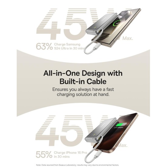 Baseus Nomos Qi2 10000mAh 45W Magnetic Wireless Power Bank – Built-in USB-C Cable, PD Fast Charging, Kickstand Design – Lunar Gray