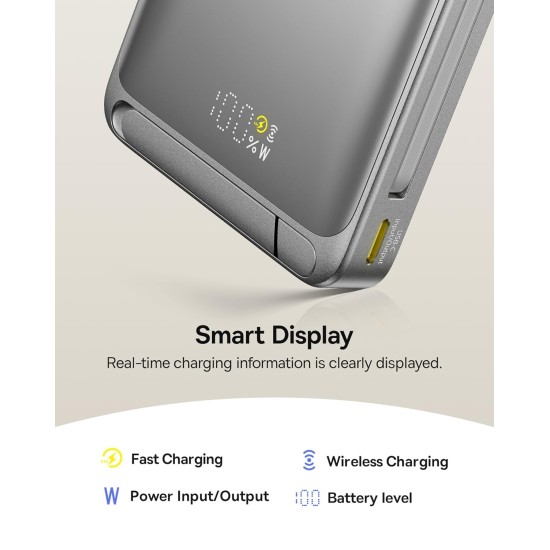 Baseus Nomos Qi2 10000mAh 45W Magnetic Wireless Power Bank – Built-in USB-C Cable, PD Fast Charging, Kickstand Design – Lunar Gray