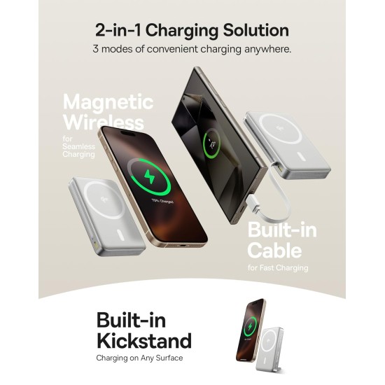 Baseus Nomos Qi2 10000mAh 45W Magnetic Wireless Power Bank – Built-in USB-C Cable, PD Fast Charging, Kickstand Design – Lunar Gray