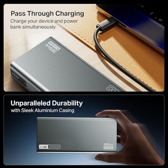 boAt Newly Launched PB435 Turbo 35W Power Bank with 20000mAh Battery, 35W 2-Way Super Fast Charging | 12-Layer Smart IC Protection | Triple Output & Dual Input in Sleek Aluminium Casing(Stone Grey)