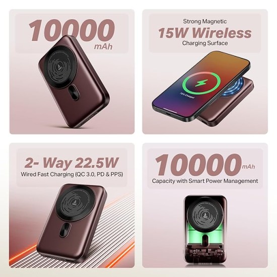 boAt New Launch EnergyShroom PB331 (Magsafe) 10000mAh Magnetic Wireless Powerbank, 15W Wireless & 22.5W Wired Charging for (iPhone 16,15,14,13 & 12, A