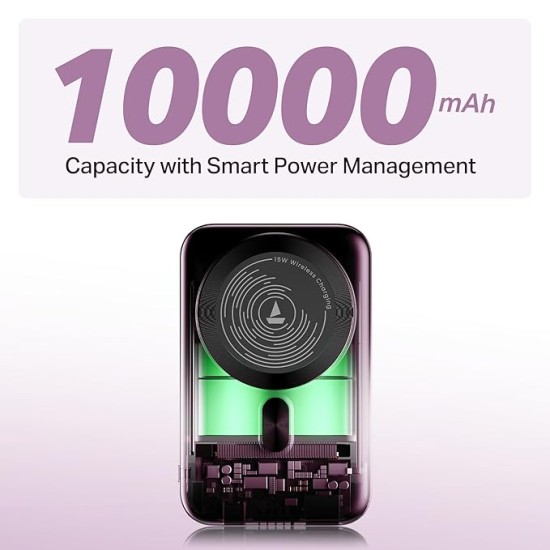 boAt New Launch EnergyShroom PB331 (Magsafe) 10000mAh Magnetic Wireless Powerbank, 15W Wireless & 22.5W Wired Charging for (iPhone 16,15,14,13 & 12, Android & Other Qi Enabled Devices) (Purple)