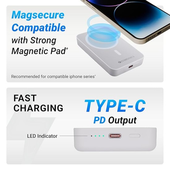 ZEBRONICS MW63 Wireless Power Bank, 10000 mAh, Rapid Charge, Magsafe, Outputs - 20W Wired | 15W Wireless, Type C PD, Built in Protections, LED Indicator, Compatible with iPhone, Made in India