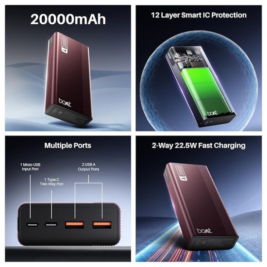boAt Energyshroom PB401 20000mAh Power Bank| Micro USB and Type C (2-Way Input Ports), 22.5W, 3X Output Ports, Compatible with Tablets, Smartphones, Earbuds, Smartwatch (Wine Red)