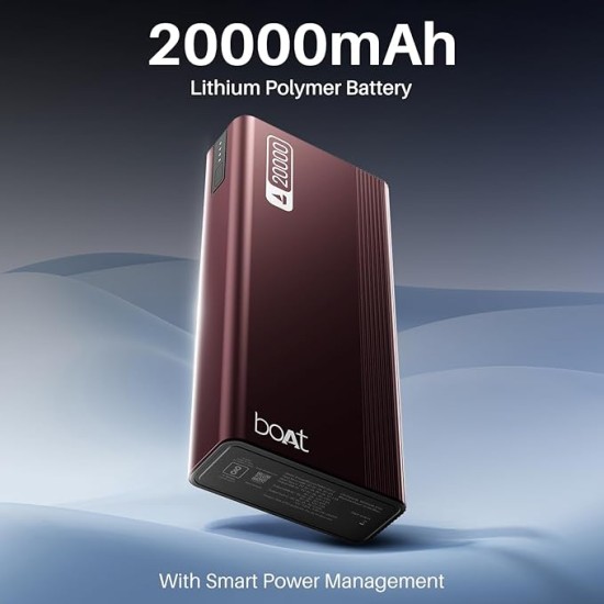 boAt Energyshroom PB401 20000mAh Power Bank| Micro USB and Type C (2-Way Input Ports), 22.5W, 3X Output Ports, Compatible with Tablets, Smartphones, Earbuds, Smartwatch (Wine Red)