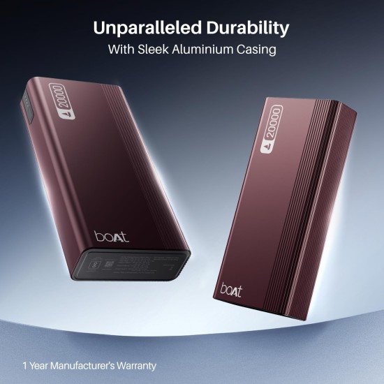 boAt Energyshroom PB401 20000mAh Power Bank| Micro USB and Type C (2-Way Input Ports), 22.5W, 3X Output Ports, Compatible with Tablets, Smartphones, Earbuds, Smartwatch (Wine Red)