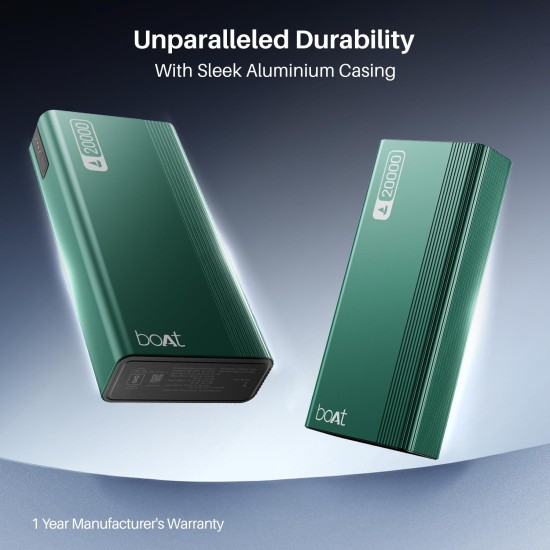 boAt Energyshroom PB401 20000mAh Power Bank| Micro USB and Type C (2-Way Input Ports), 22.5W, 3X Output Ports, Compatible with Tablets, Smartphones, Earbuds, Smartwatch (Pine Green)