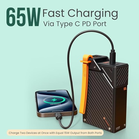 Portronics 65W Halley 20K 20000mAh Fast Charging Powerbank for Android Smartphones, iPhones, ipads, Tablets & Macbooks, Dual Type C PD Port, LED Display, Strong Lanyard (Black)