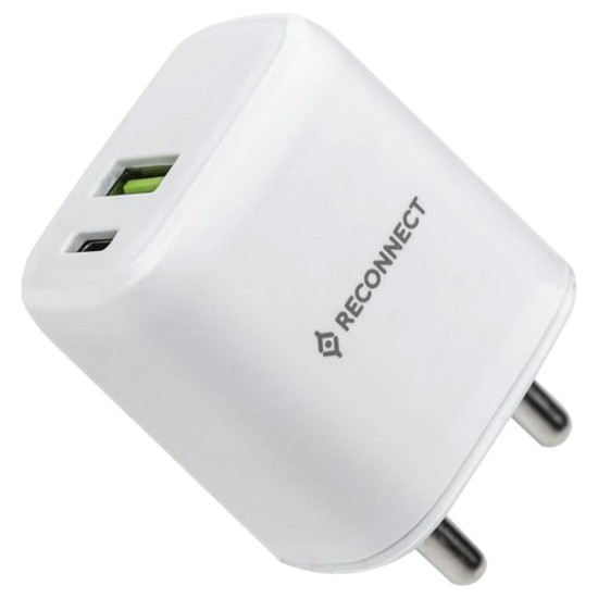 Reconnect 20 Watt Fast Charging Wall Charger, Dual Ports (USB-A & USB-C), QC 3.0 Certified, Multi-Layer Protection, Intelligent Power Distribution, Fire Retardant Body, White Reconnect 20 Watt Fast Charging Wall Charger, Dual Ports (USB-A & USB-C), QC 3.0 Certified, Multi-Layer Protection, Intelligent Power Distribution, Fire Retardant Body, White