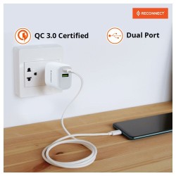 Reconnect 20 Watt Fast Charging Wall Charger, Dual Ports (USB-A & USB-C), QC 3.0 Certified, Multi-Layer Protection, Intelligent Power Distribution, Fire Retardant Body, White Reconnect 20 Watt Fast Charging Wall Charger, Dual Ports (USB-A & USB-C), QC 3.0 Certified, Multi-Layer Protection, Intelligent Power Distribution, Fire Retardant Body, White