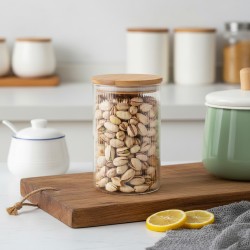 SwissBoro Elora Bamboo Lid Borosilicate Glass Round Jar 1 pc- 750ml
