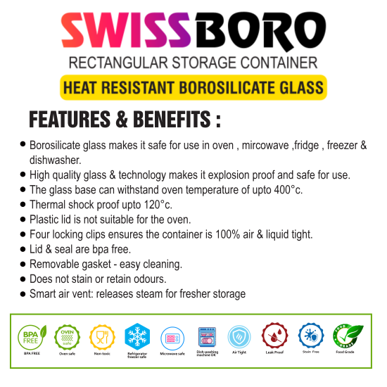 Swissboro Fresh Lock Borosilicate Glass Rectangle Container 1 pc-1040ml