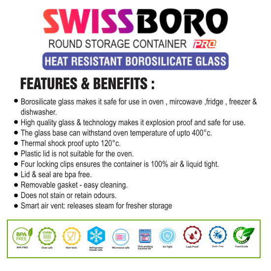 Swissboro Fresh Lock Borosilicate Glass Pro Round Container 1 pc- 400ml